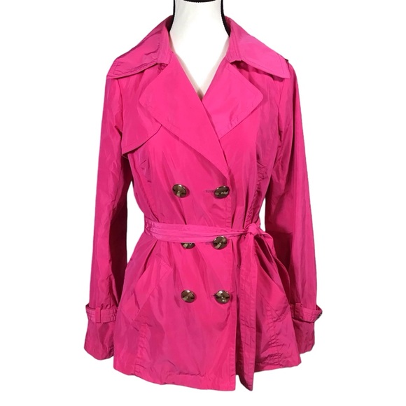 Trina Turk Womens Short Trench Coat Size S Hot Pink Double Breasted Belted Chic - Picture 15 of 16